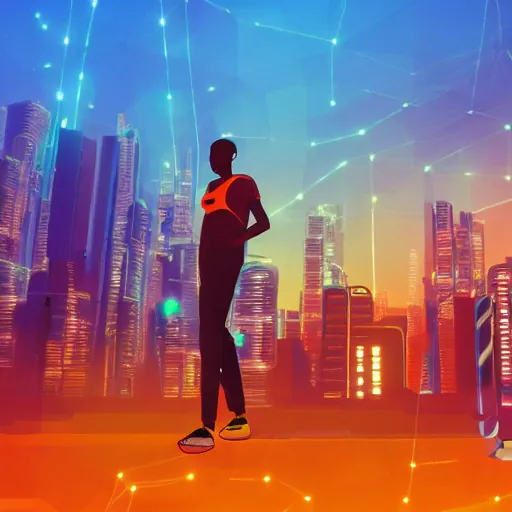 Young African walks in a futuristic city.