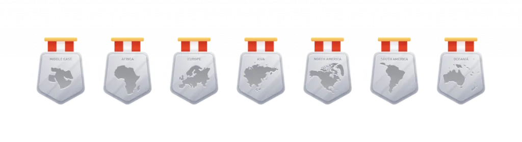 Regional Badges for Europe, Africa, North America, South America, Oceania, the Middle East, and Asia