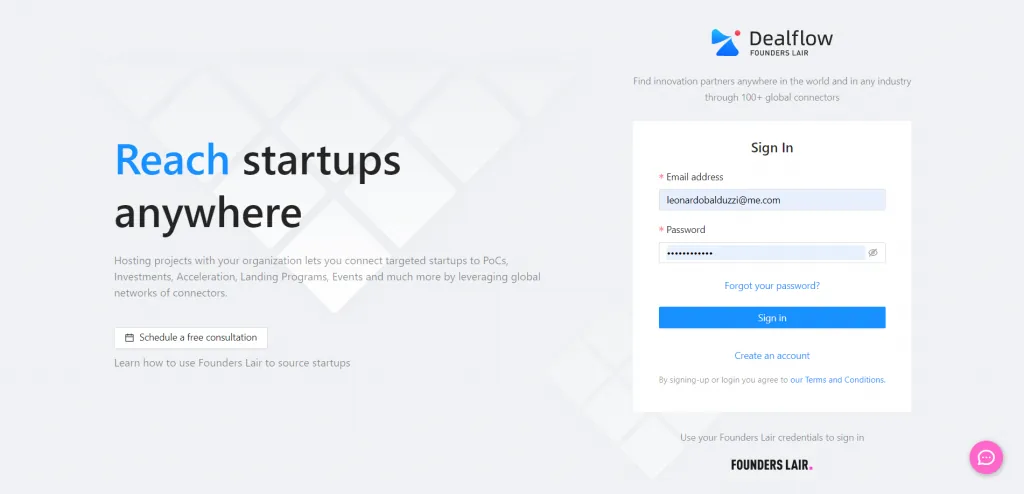 Dealflow 1.1 sigin screen