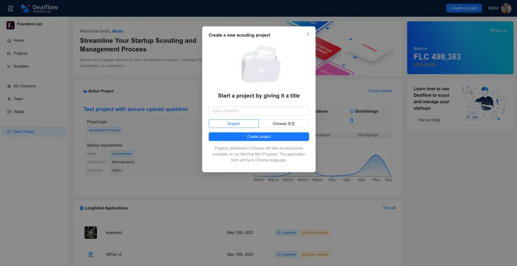Start creating a project on Dealflow to surce startups