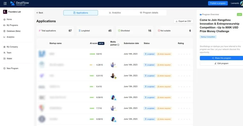 Dealflow startup applications table with AI scoring